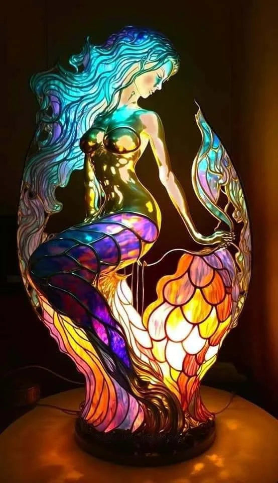 Tiffany stil mosaikglasfigur med dekorativ skulpturel bordlampe