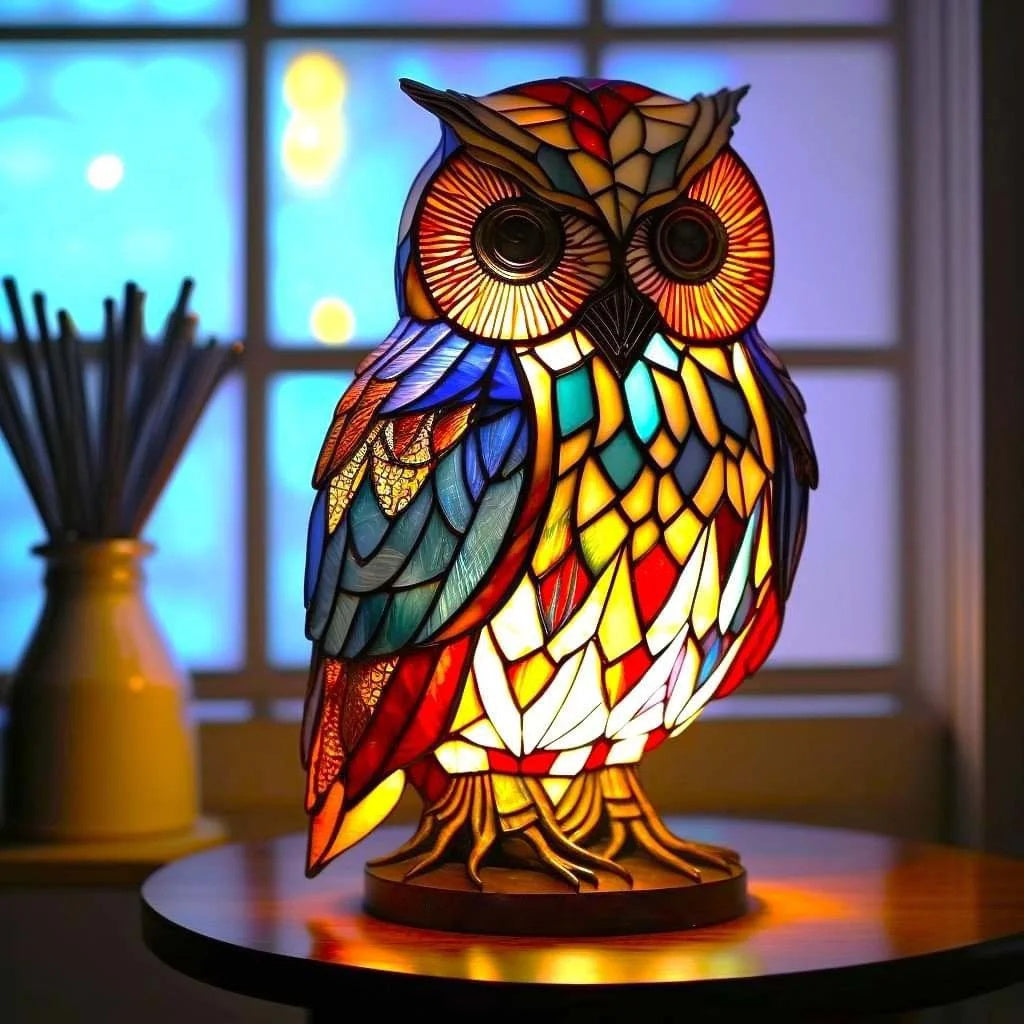 Tiffany stil mosaikglasfigur med dekorativ skulpturel bordlampe