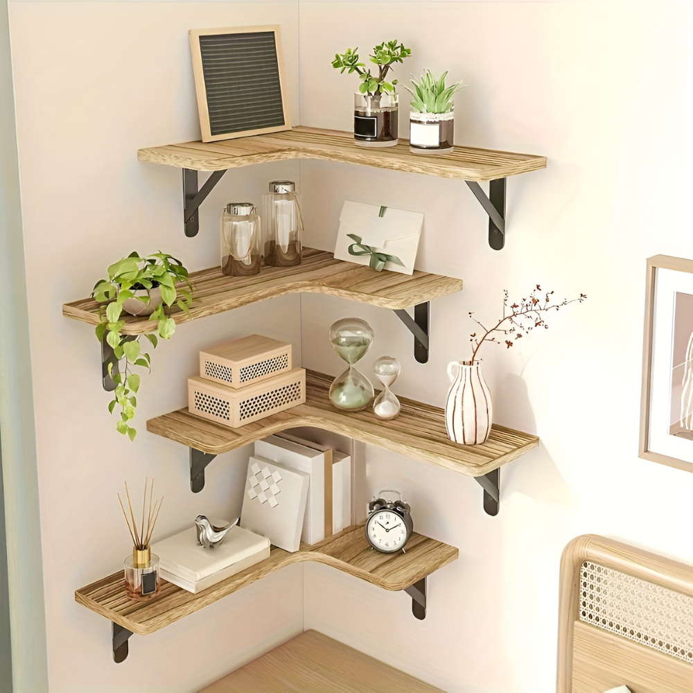 Vægmonterede hjørnehylder i træ
