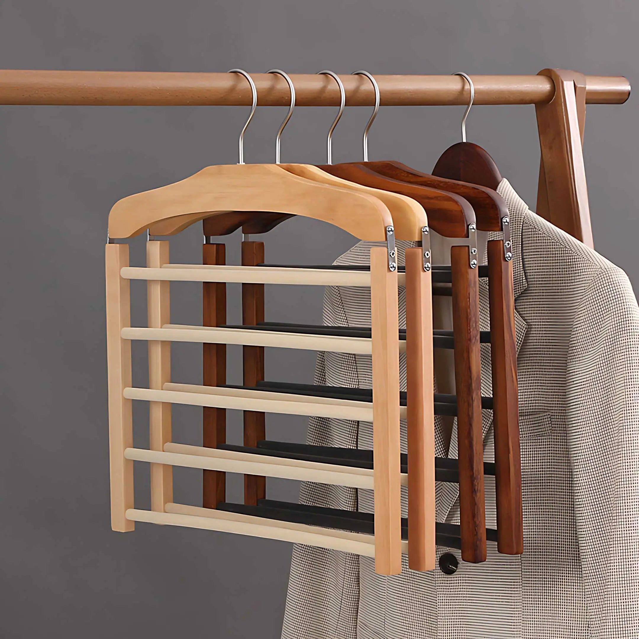 Wooden Pants Hanger Multi Tier with Non Slip Bars for Closets