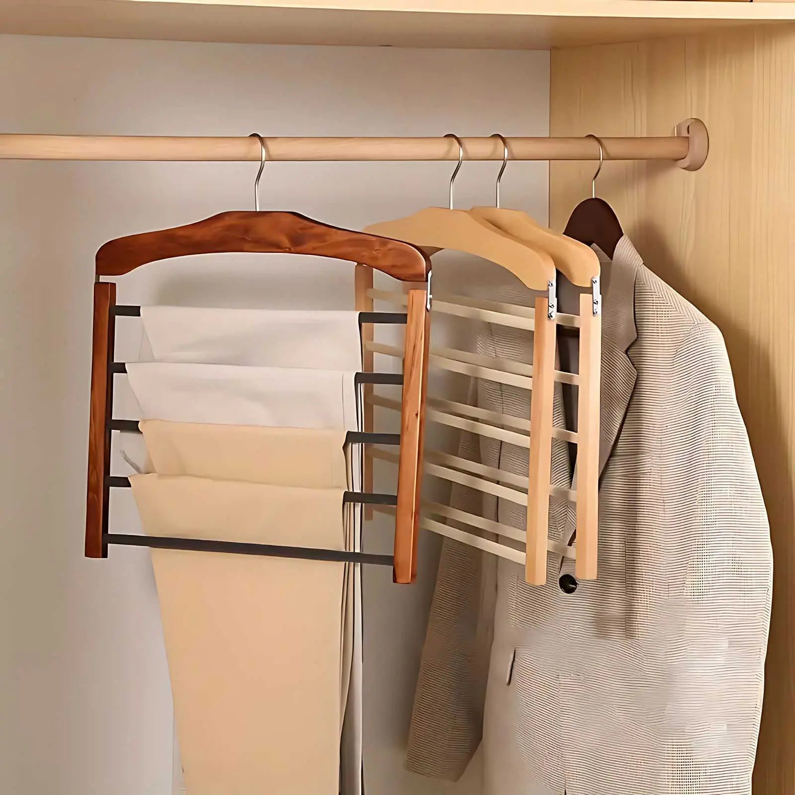 Wooden Pants Hanger Multi Tier with Non Slip Bars for Closets
