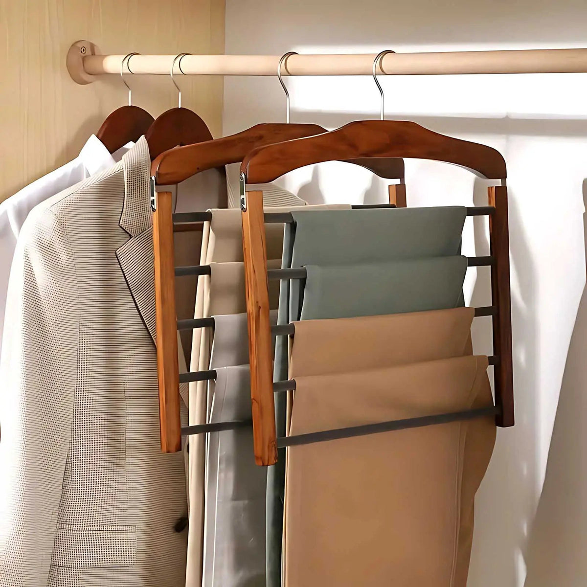 Wooden Pants Hanger Multi Tier with Non Slip Bars for Closets