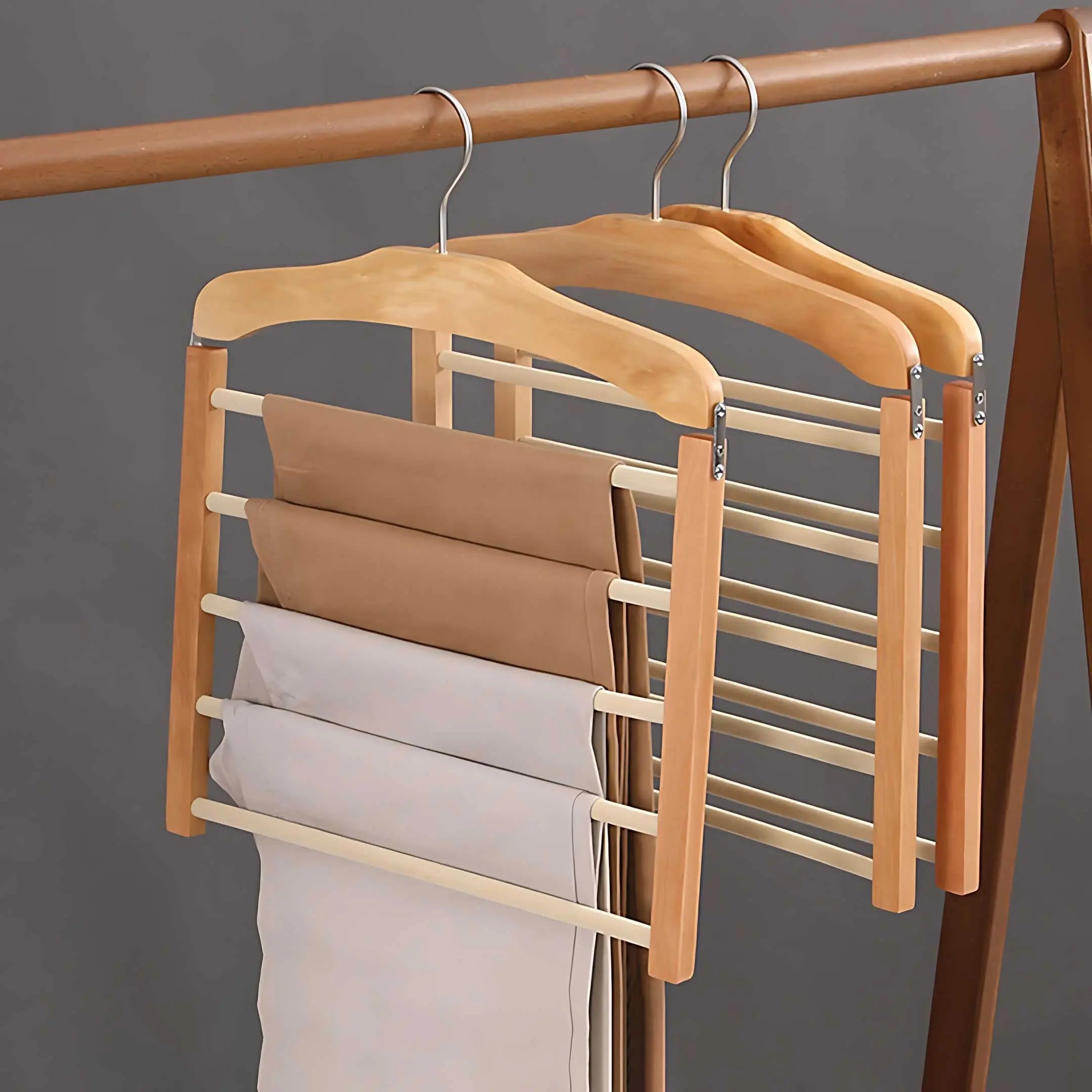 Wooden Pants Hanger Multi Tier with Non Slip Bars for Closets