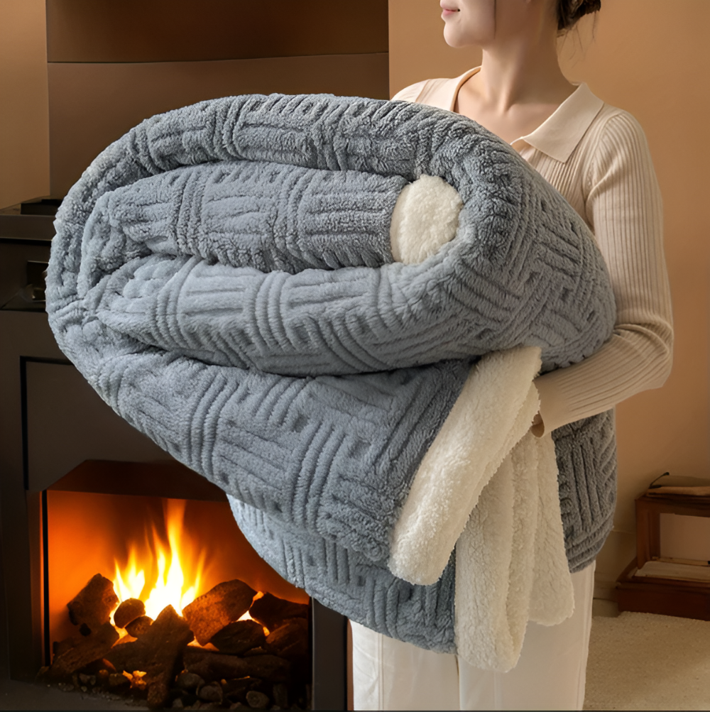 Reversible sofa blanket with embossed pattern and sherpa lining