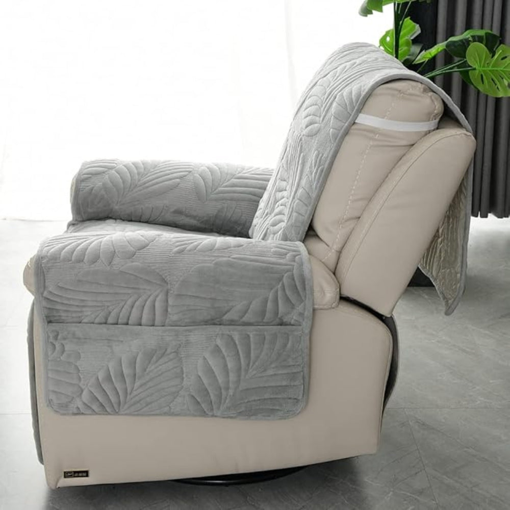 Plush Recliner Cover with Leaf Quilting, Arm Covers and Side Pocket
