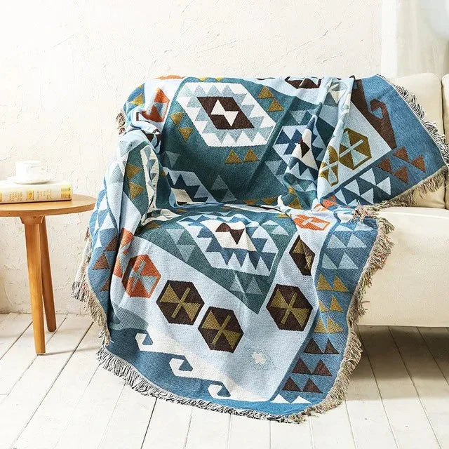 Boho Woven Throw Blanket with Braided Fringe for Couch