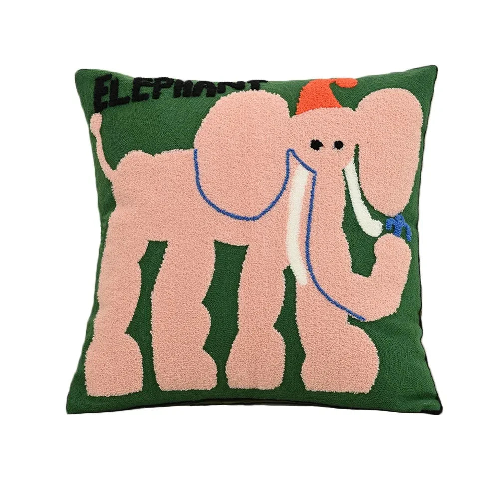 Embroidered Animal Throw Pillow Cover for Kids Room