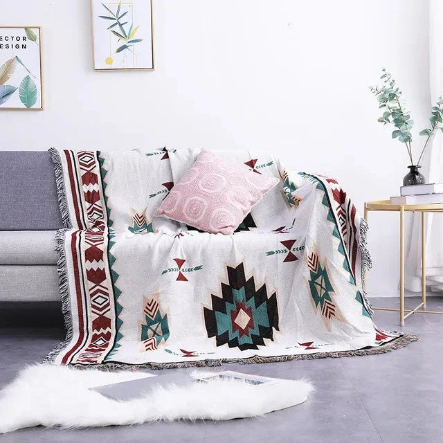 Boho Woven Throw Blanket with Braided Fringe for Couch