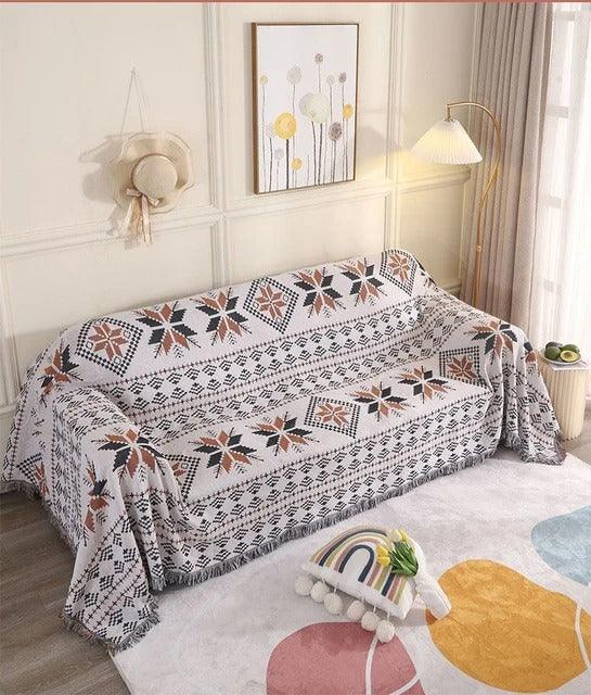Boho Woven Throw Blanket with Braided Fringe for Couch