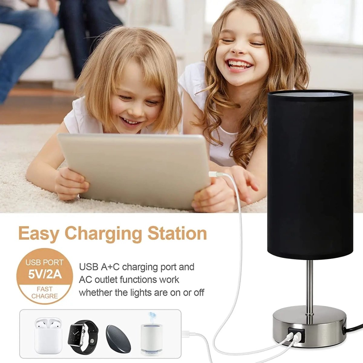 Bedside Table Lamp Touch Dimmable with USB C Ports and AC Outlet