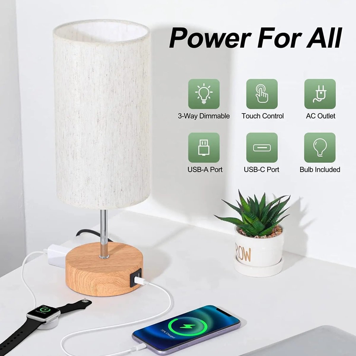 Bedside Table Lamp Touch Dimmable with USB C Ports and AC Outlet
