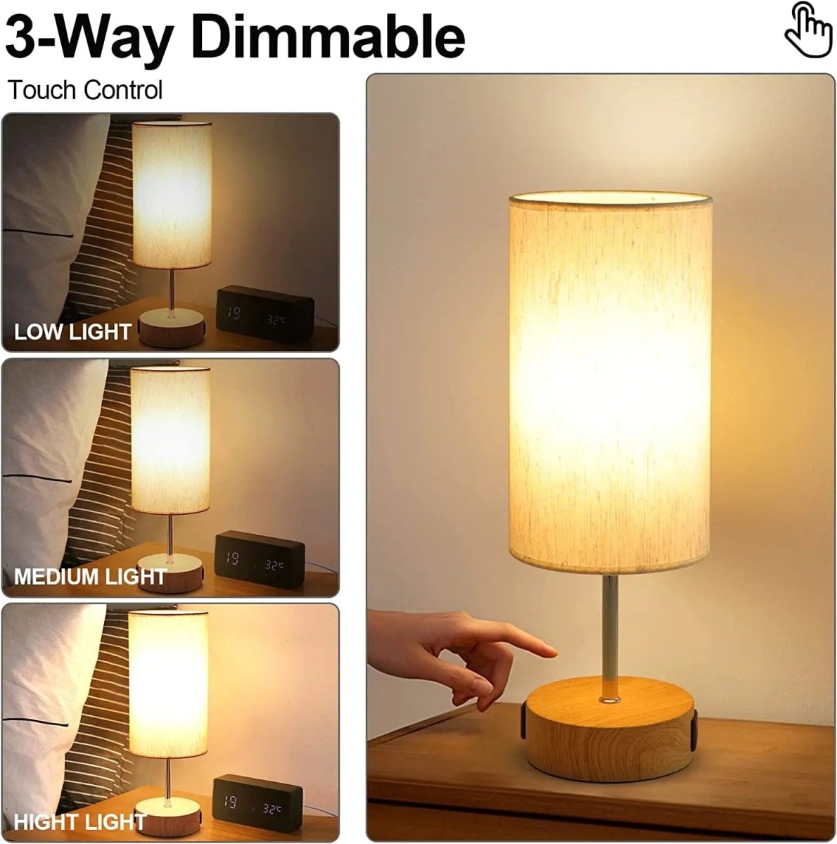 Bedside Table Lamp Touch Dimmable with USB C Ports and AC Outlet
