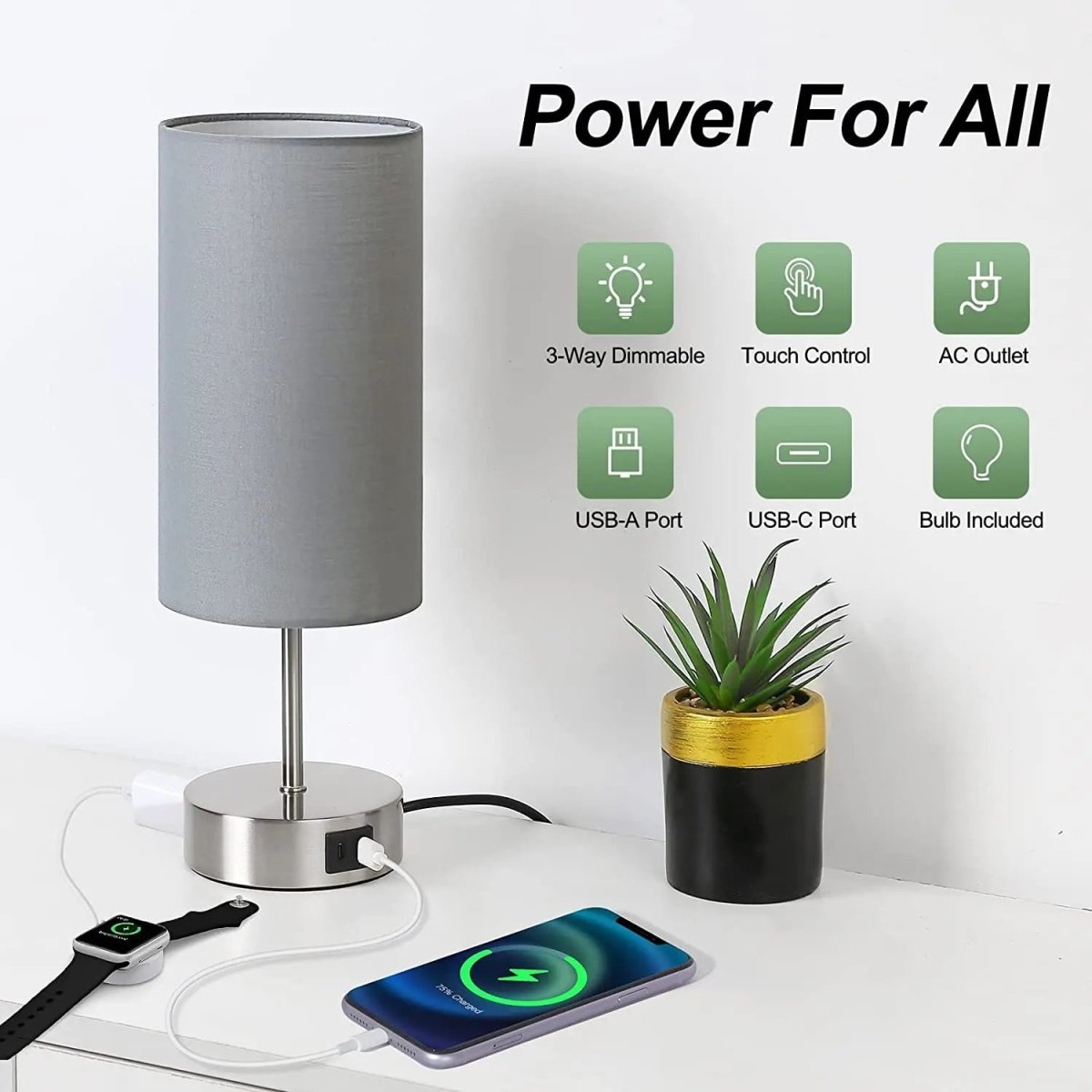 Bedside Table Lamp Touch Dimmable with USB C Ports and AC Outlet