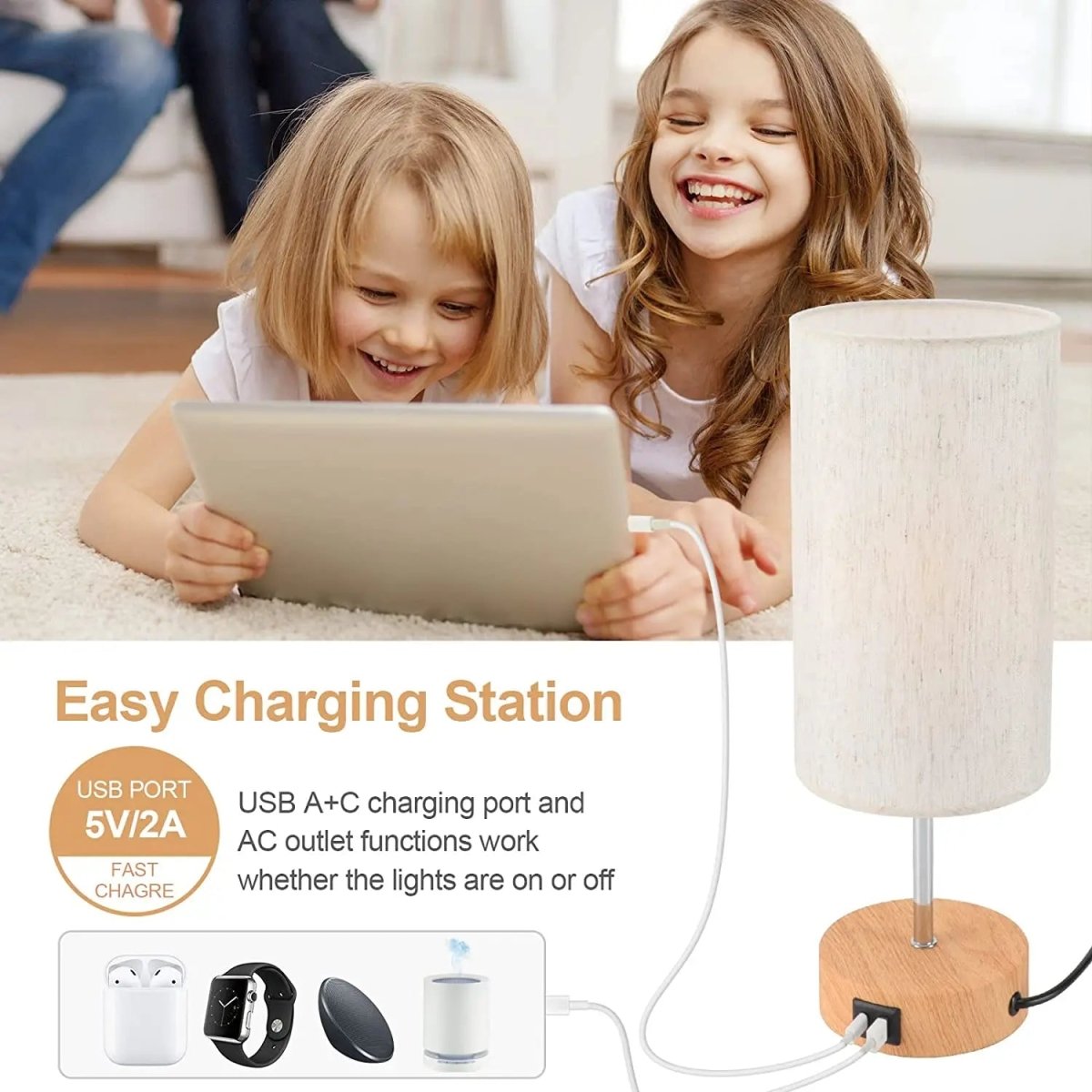Bedside Table Lamp Touch Dimmable with USB C Ports and AC Outlet