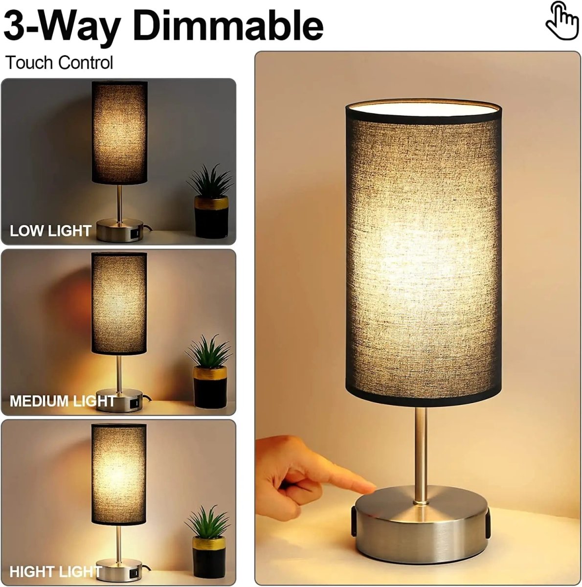 Bedside Table Lamp Touch Dimmable with USB C Ports and AC Outlet