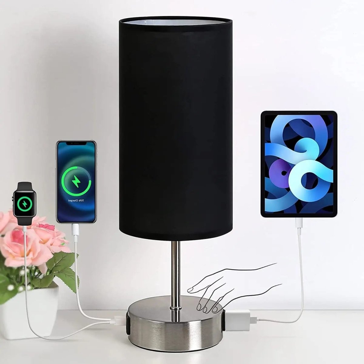 Bedside Table Lamp Touch Dimmable with USB C Ports and AC Outlet