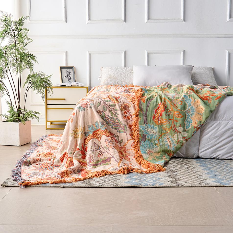 Boho Throw Blanket Cotton Floral Print with Tassels