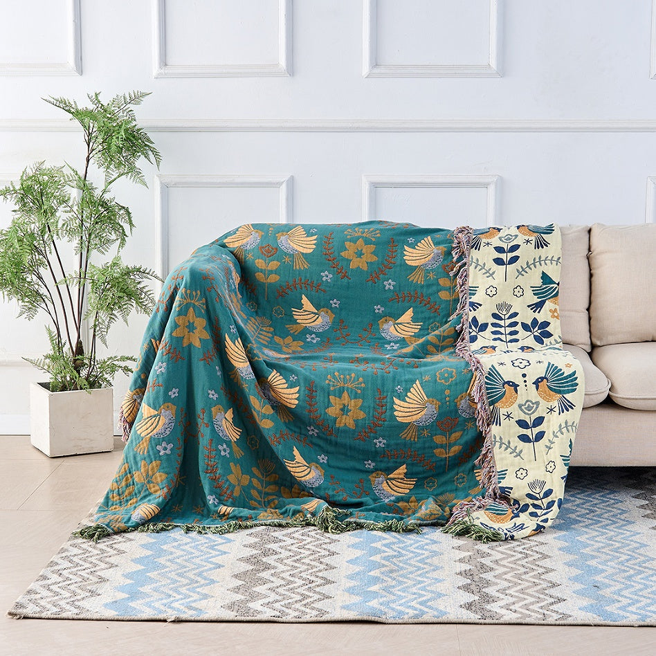 Cotton Throw Blanket Scandinavian Bird Print Fringed
