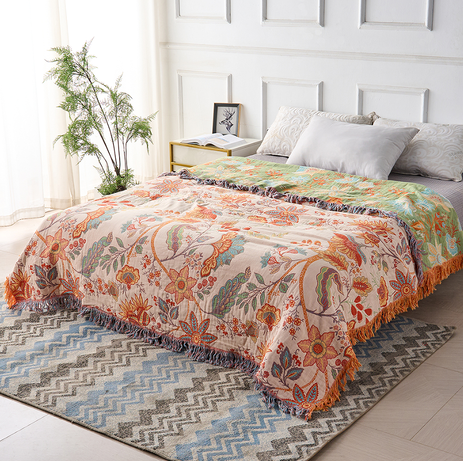 Boho Throw Blanket Cotton Floral Print with Tassels