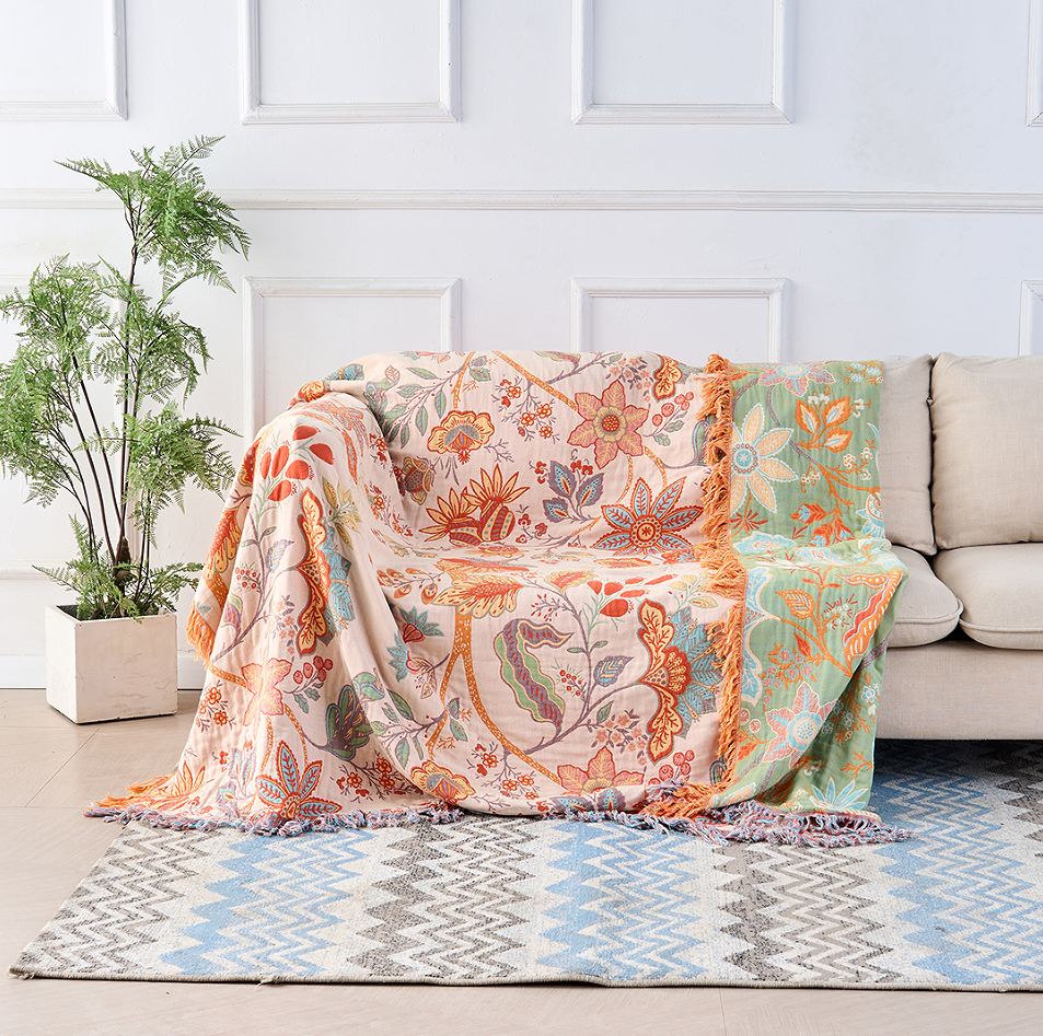 Boho Throw Blanket Cotton Floral Print with Tassels