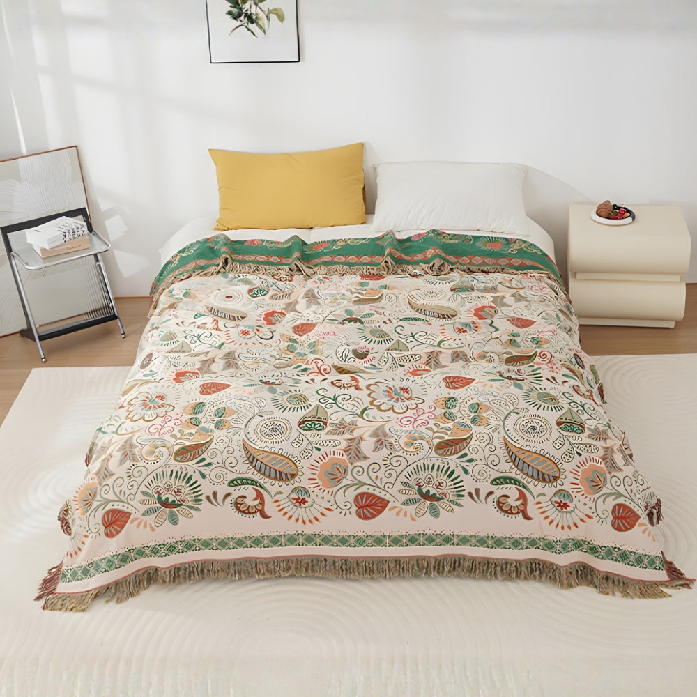 Muslin Throw Blanket Reversible Leaf Print Tasseled