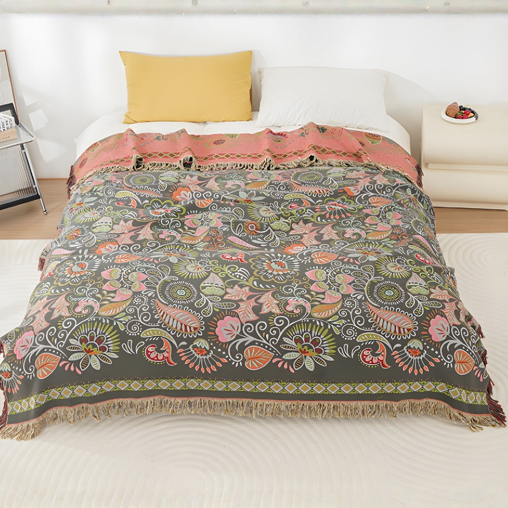 Muslin Throw Blanket Reversible Leaf Print Tasseled