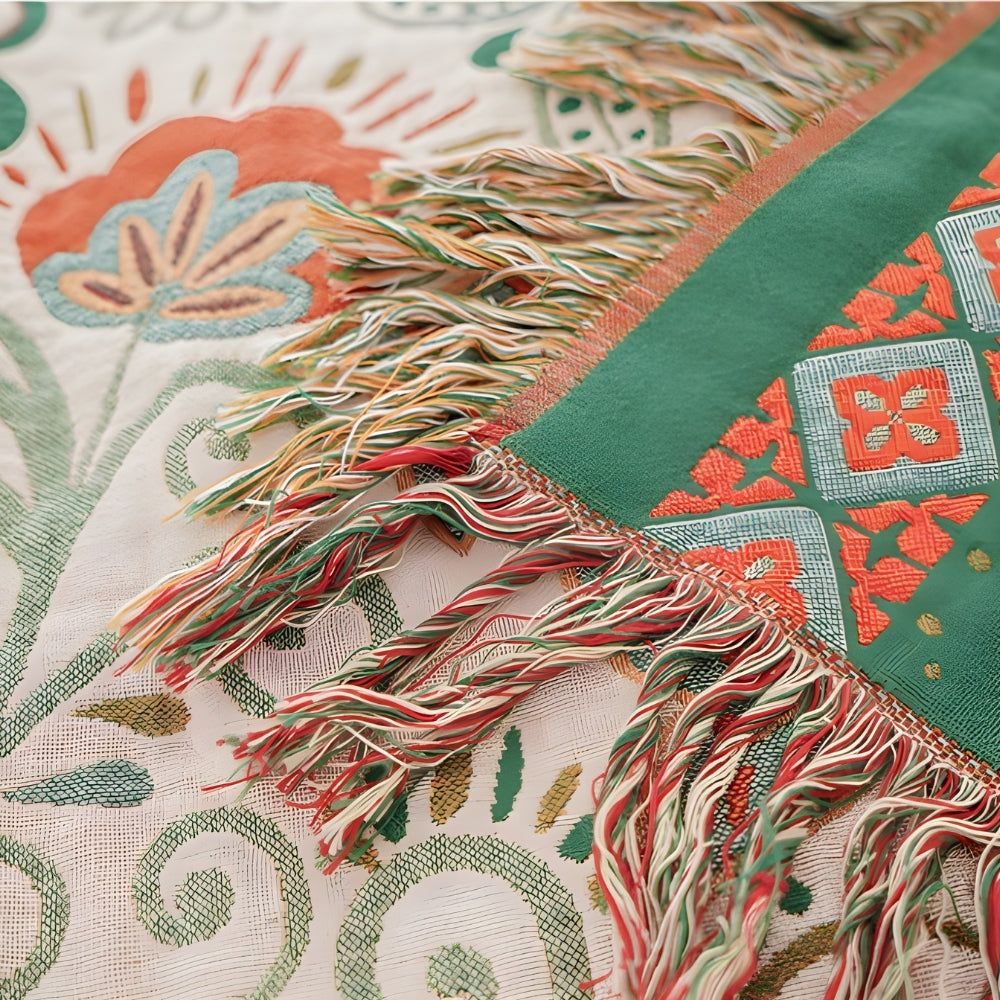 Muslin Throw Blanket Reversible Leaf Print Tasseled