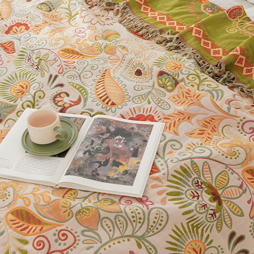 Muslin Throw Blanket Reversible Leaf Print Tasseled