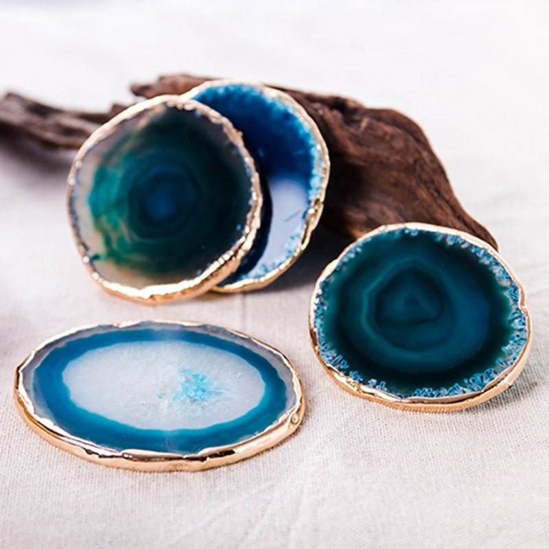 Agate Coasters Set of 2 Blue Natural Stone with Gold Edge for Coffee Table