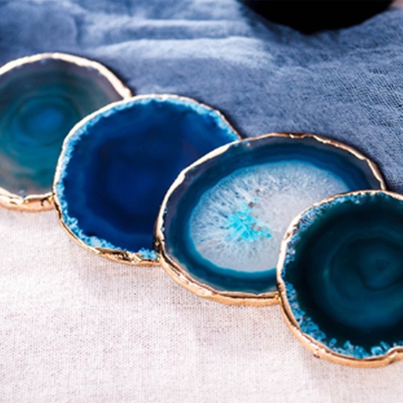 Agate Coasters Set of 2 Blue Natural Stone with Gold Edge for Coffee Table