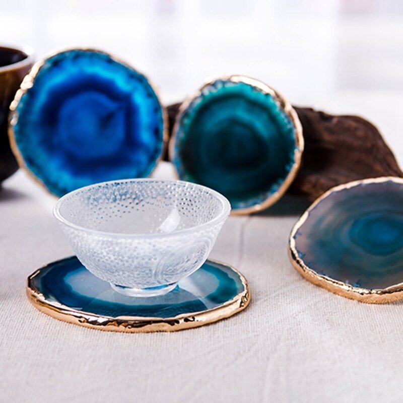Agate Coasters Set of 2 Blue Natural Stone with Gold Edge for Coffee Table