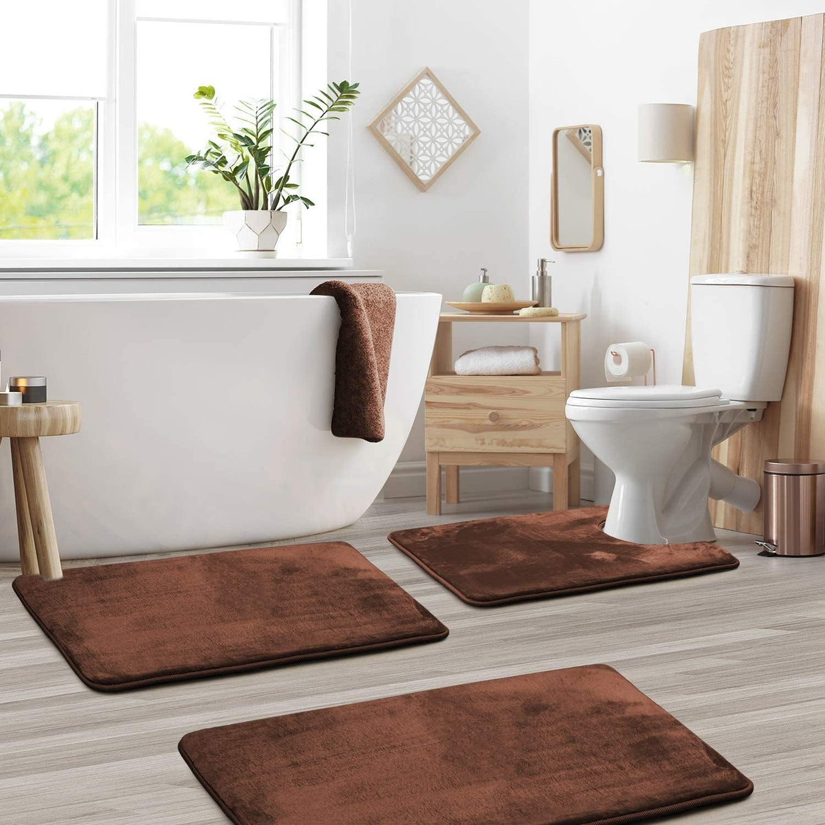 Velvet Memory Foam Bath Mat Set 3 Piece with Contour Toilet Rug