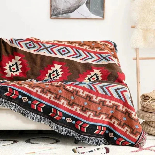 Boho Woven Throw Blanket with Braided Fringe for Couch