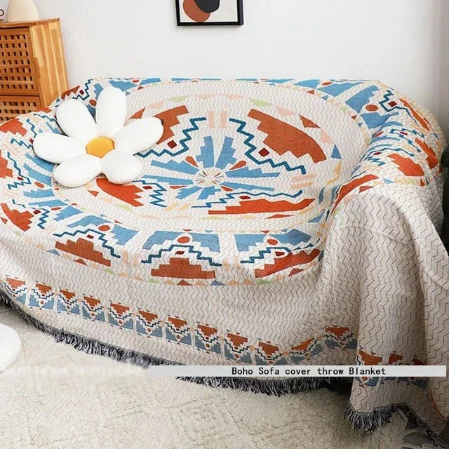 Boho Woven Throw Blanket with Braided Fringe for Couch