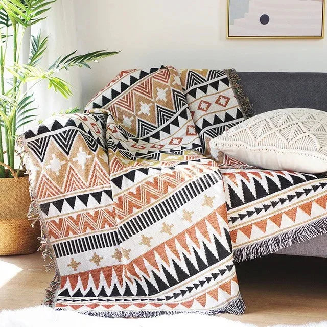 Boho Woven Throw Blanket with Braided Fringe for Couch