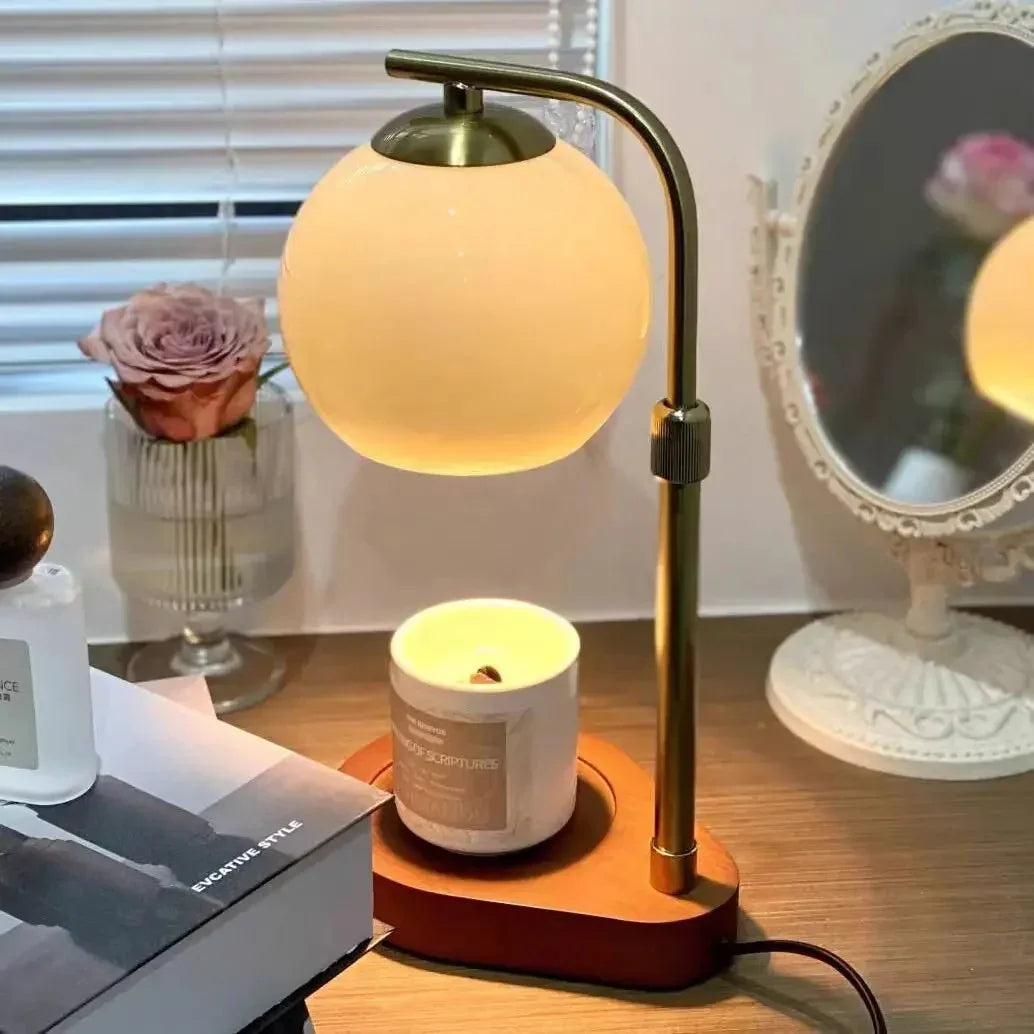 Candle Warmer Lamp with Globe Glass Shade and Wood Base