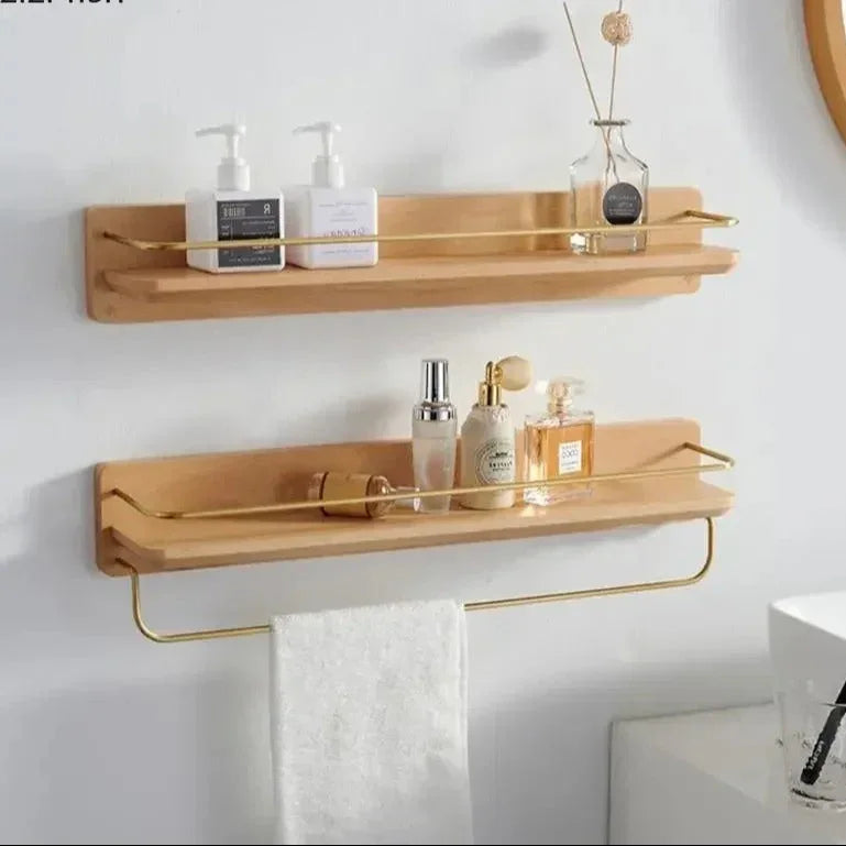 Bamboo Bathroom Shelf Wall Mounted with Metal Guard Rail