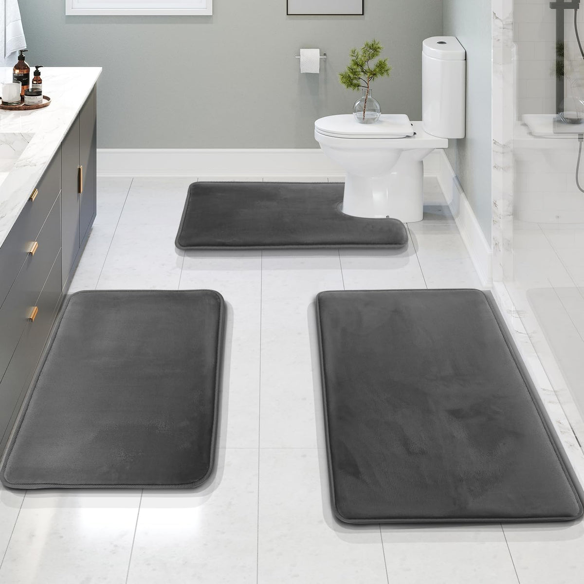 Velvet Memory Foam Bath Mat Set 3 Piece with Contour Toilet Rug
