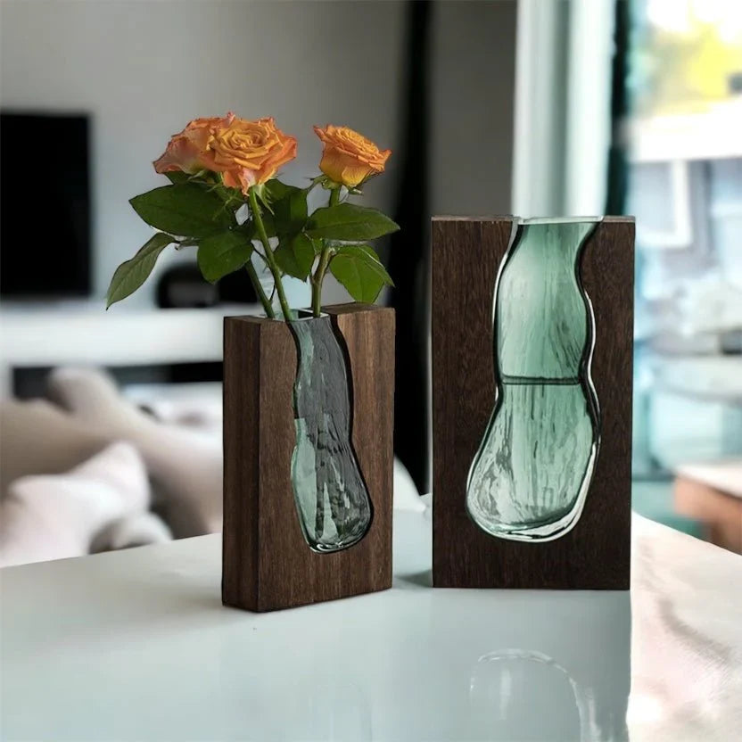 Live Edge Wood and Glass Vase Nordic Bud Vase for Table Centerpiece