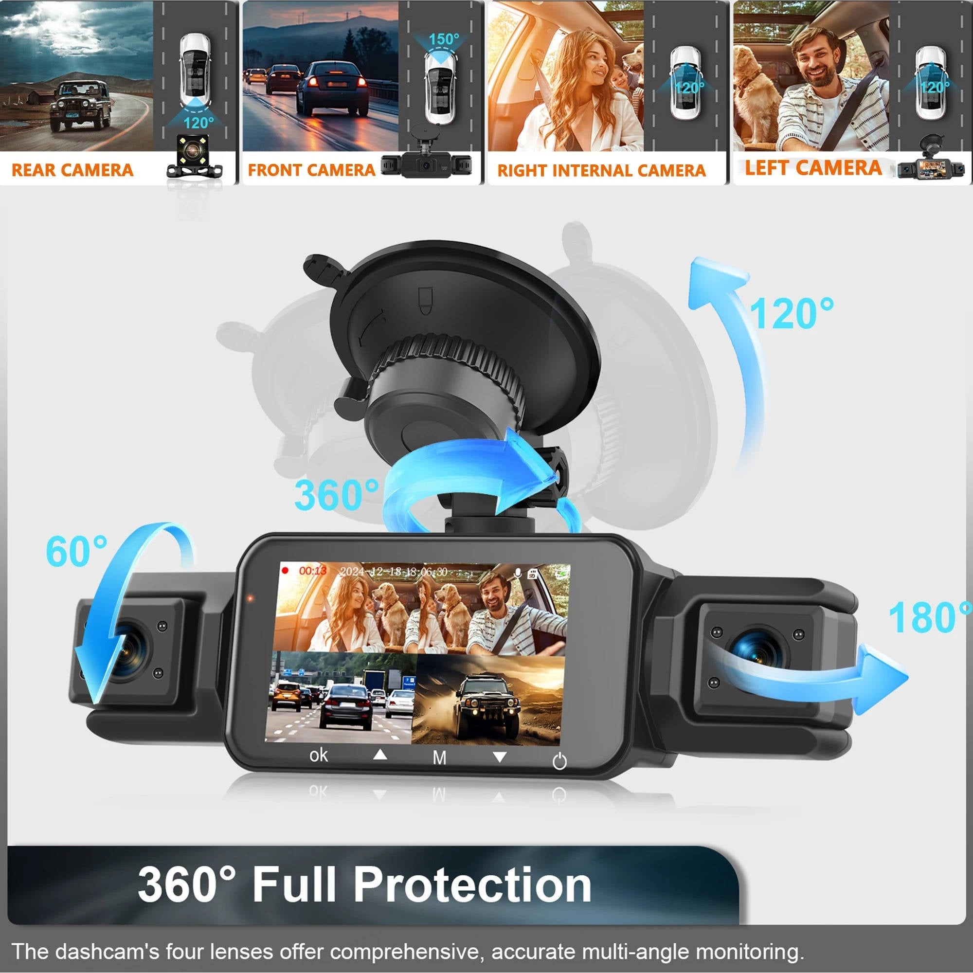 Dash Cam Front and Rear 4 Channel WiFi with Night Vision