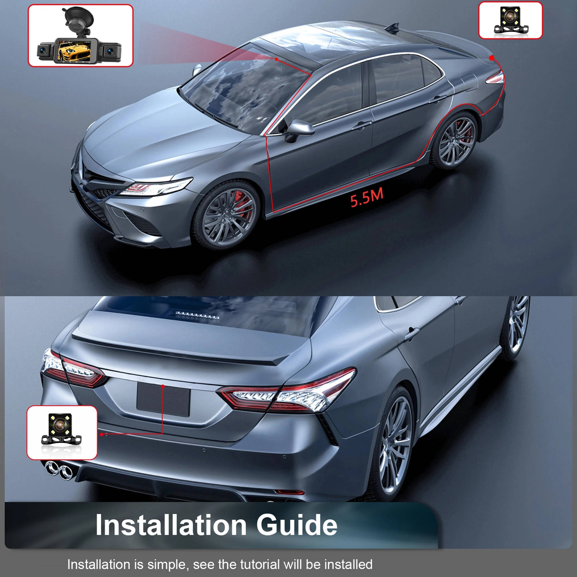 Dash Cam Front and Rear 4 Channel WiFi with Night Vision
