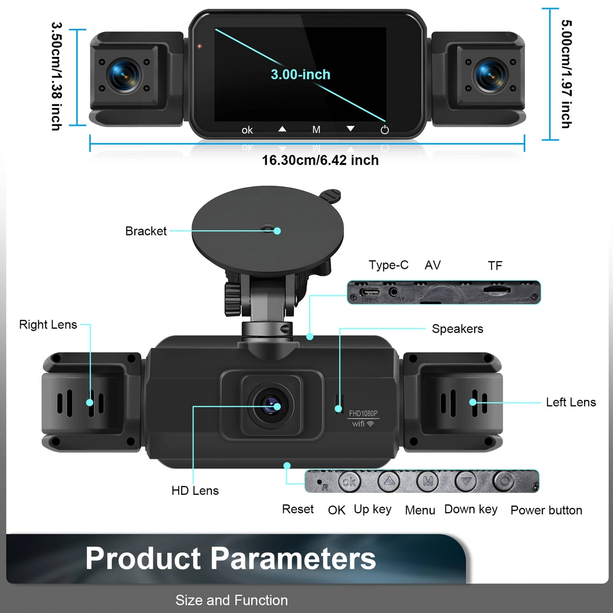 Dash Cam Front and Rear 4 Channel WiFi with Night Vision