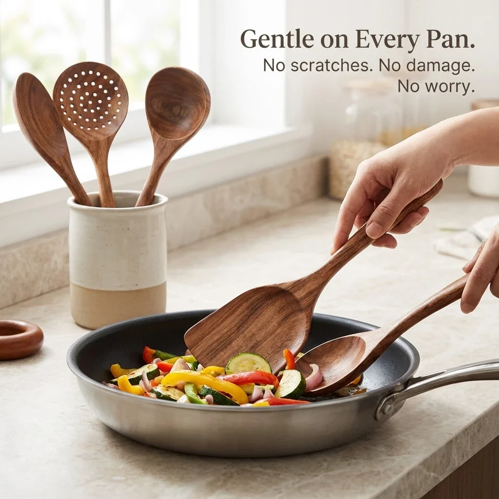 Teak Wood Kitchen Utensil Set for Nonstick Cookware