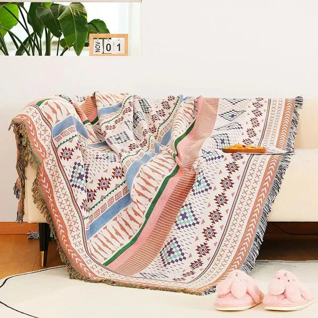 Boho Woven Throw Blanket with Braided Fringe for Couch