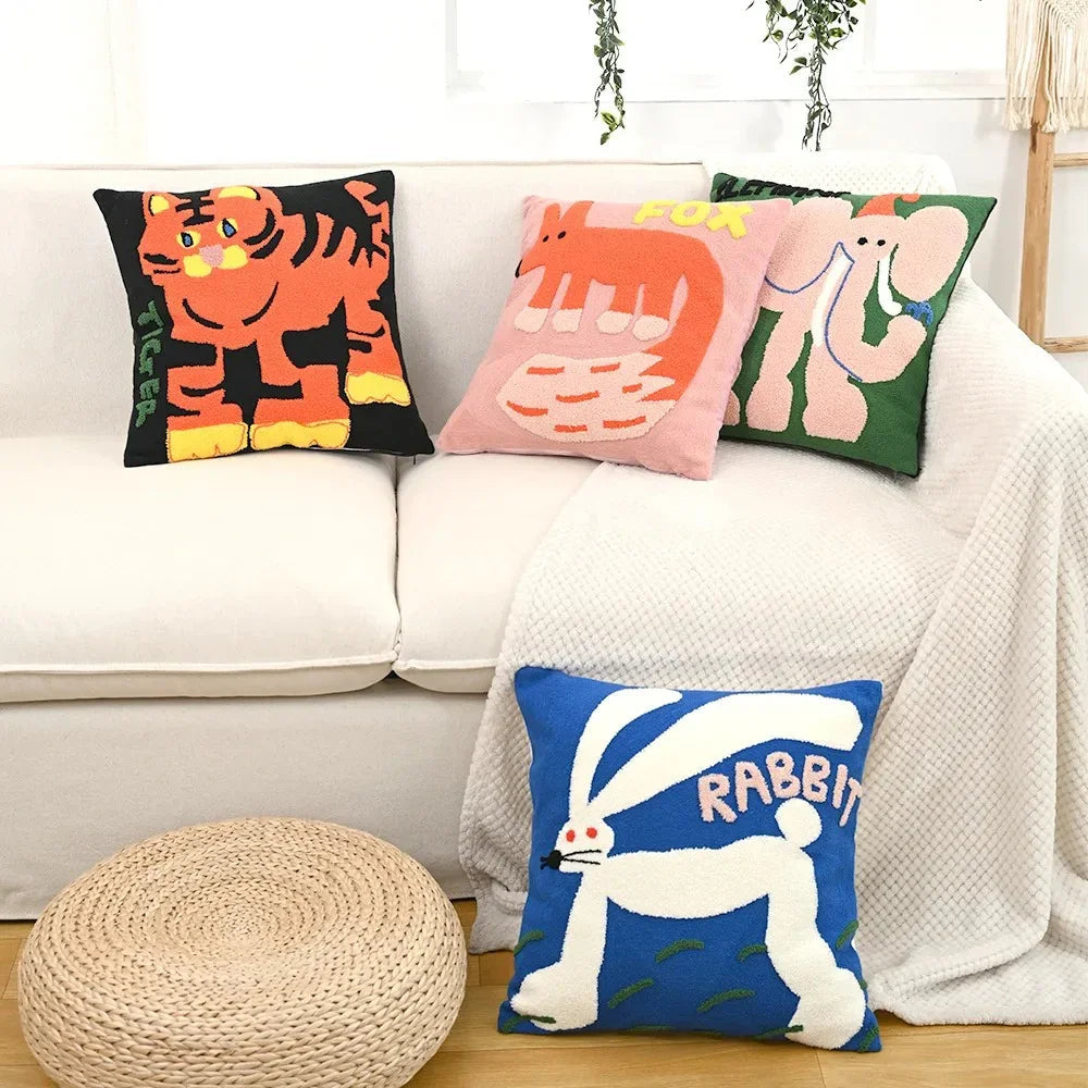 Embroidered Animal Throw Pillow Cover for Kids Room