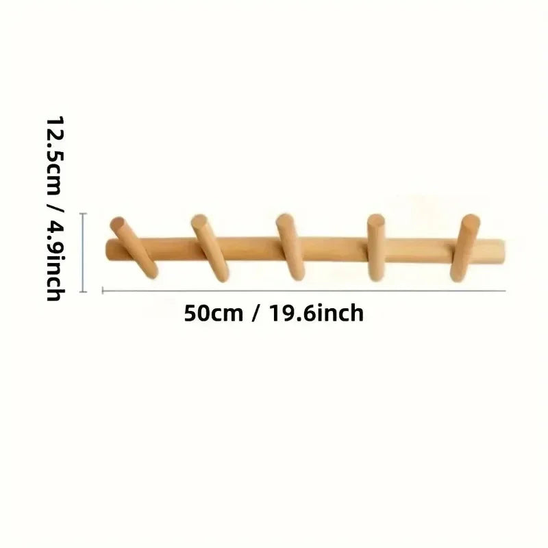 Oak Peg Rail Coat Rack with Angled Hooks, Wall Mounted