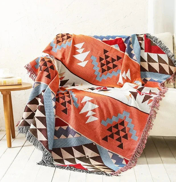 Boho Woven Throw Blanket with Braided Fringe for Couch