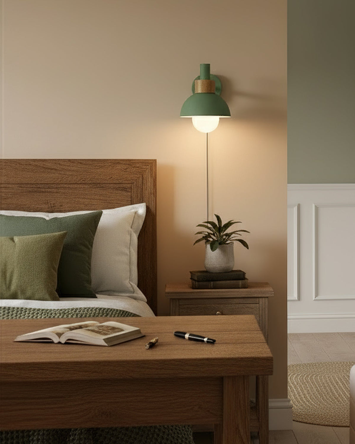 Plug In Wall Sconce with Wood Accent Push Button Switch Bedside Reading