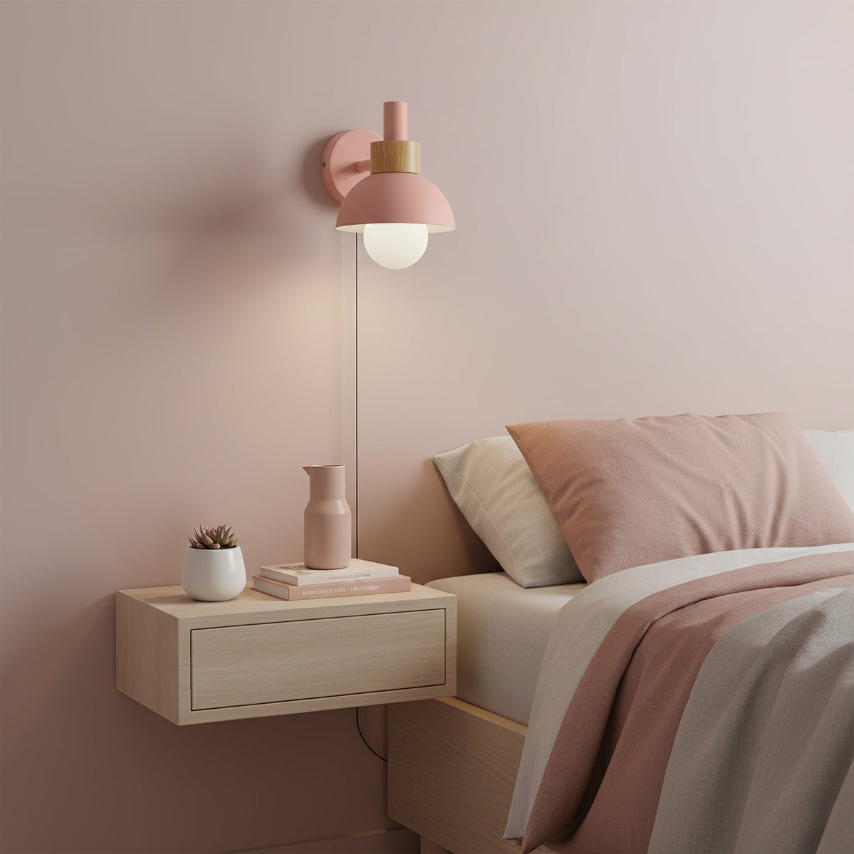 Plug In Wall Sconce with Wood Accent Push Button Switch Bedside Reading