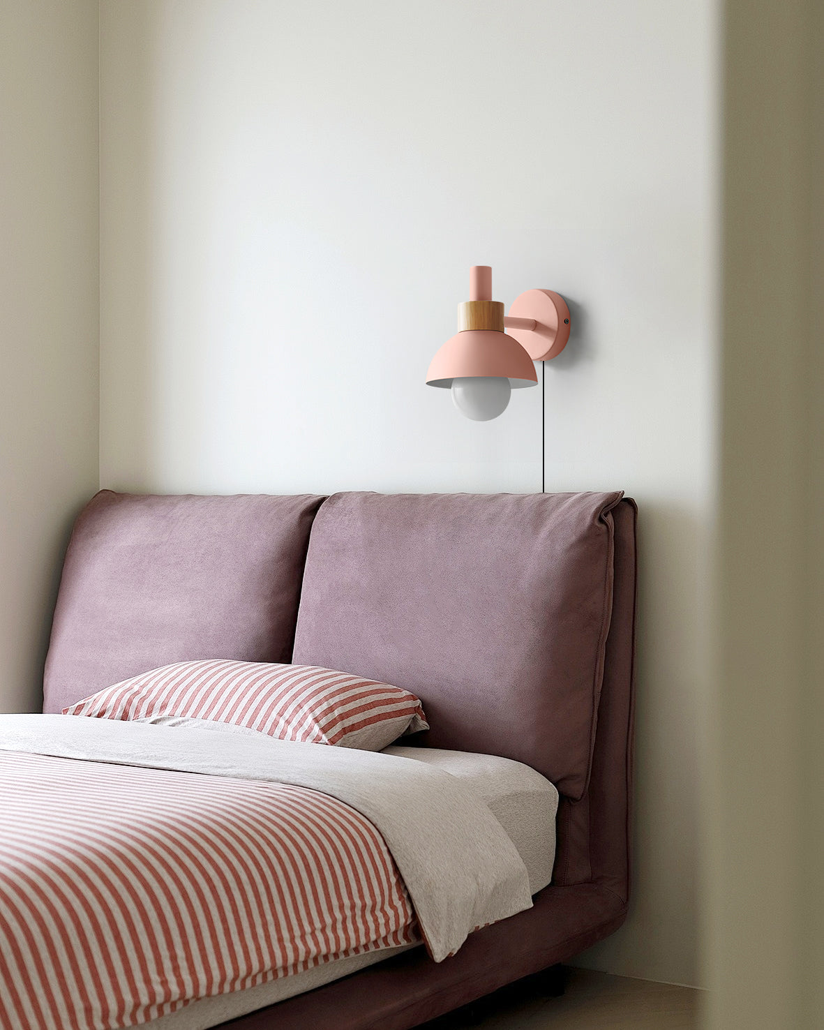 Plug In Wall Sconce with Wood Accent Push Button Switch Bedside Reading